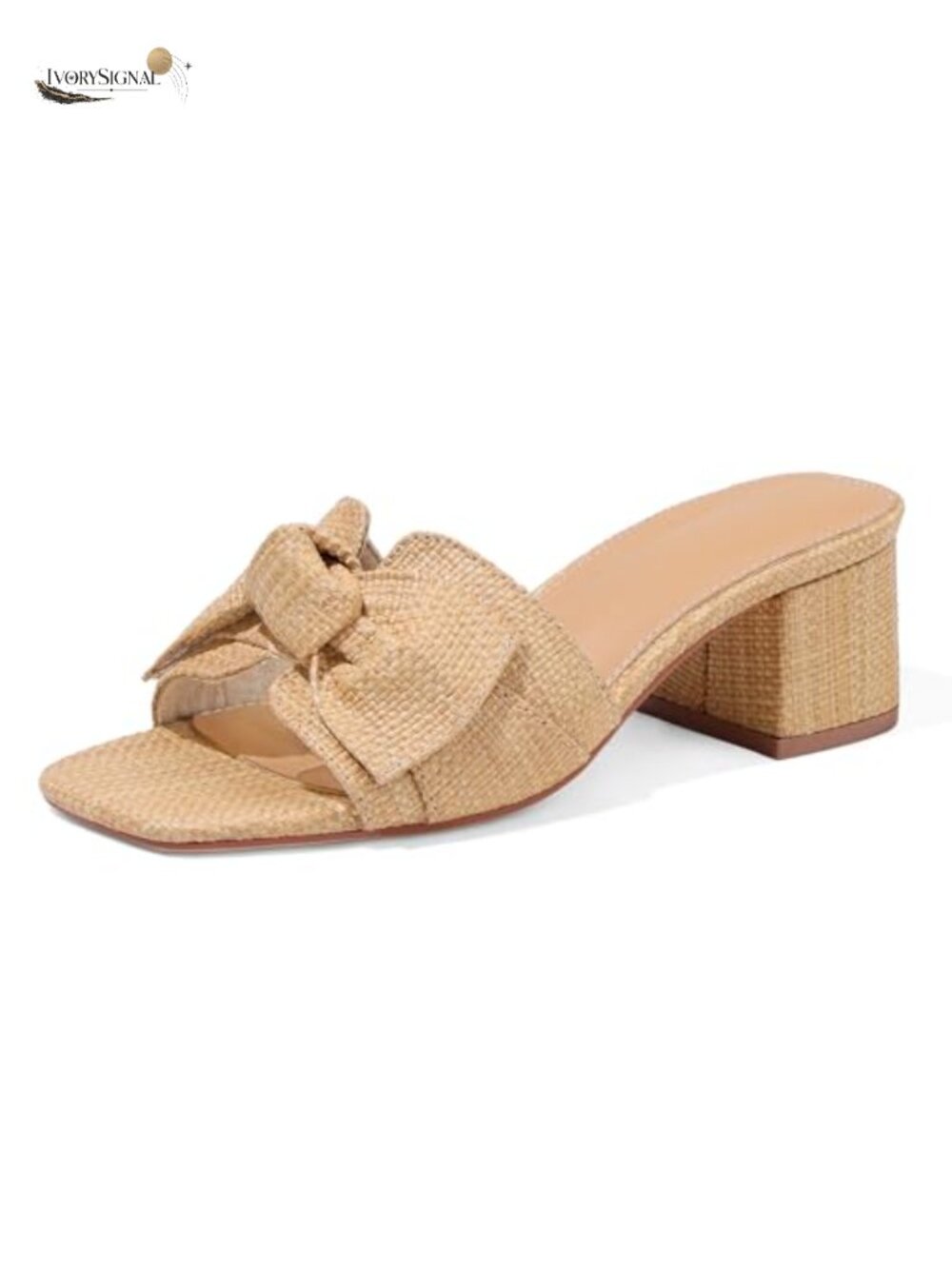Raffia Heeled Mules Square Toe Woven Bow Slip On Dressy Summer Sandals